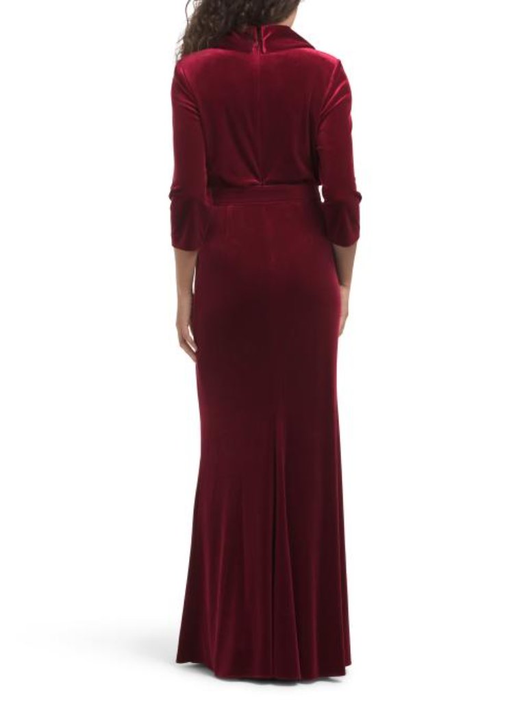 Badgley Mischka Velvet Mock Neck Belted Sheath Gown — image 2 of 2
